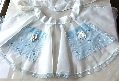 APRON Vintage MCM 1950's Half White Organza Blue French Lace And Flowered Pocket • $16