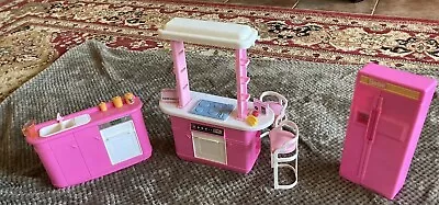 Vintage 1990’s Barbie Pink Kitchen Sink Oven/Stove Fridge Stool W. Accessories • $24