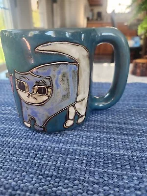 Design By Mara Mexico Cat Mug Art Pottery Signed Large Coffee Cup Blue 3 Cats • $30