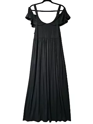 Soma Maxi Dress Size XL Black Ruffle Pockets Stretch Soft Jersey Cold Shoulder  • $29.95