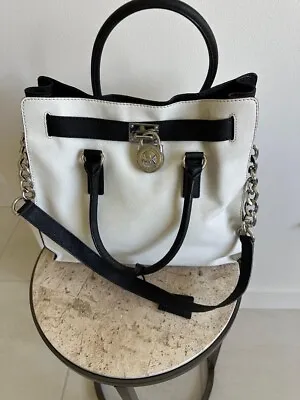 Michael Kors Large Hamilton Saffiano Leather Optic White And Black Tote Bag • $69.95