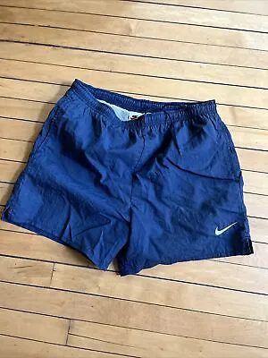 Vintage Nike Men’s Medium Navy Blue/white Swim Mesh Short Drawstring Trunks Used • $19.99