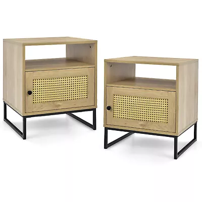 2PCS Nightstand Wood Side Table W/Cabinet And Shelf Rattan Decorated Door Oak • $99.99