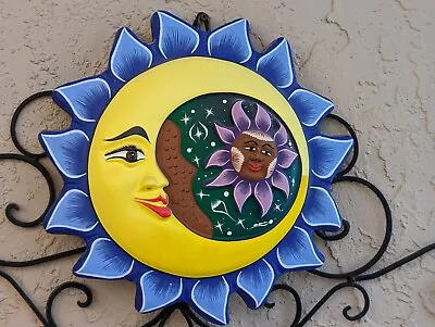 Mexican Talavera Pottery Eclipse Wall Decor Sculpture 13  Diameter Sun Moon Face • $70