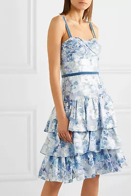 $795 New Marchesa Notte Tiered Metallic Fil Coupé MID Dress Blue White Silver 10 • $295