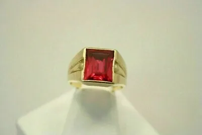 5Ct Emerald Cut Lab Created Red Ruby Solitaire Men's Ring 14k Yellow Gold Plated • $70.20