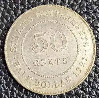 1921 Straits Settlements 50 Fifty Cents Silver  Coin - KM# 35.1 - VF - # 29677 • $28.89