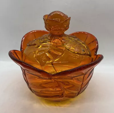 Vintage Viking Glass Orange Red Candy Dish Lidded Leaf Rare With Tag. IT GLOWS! • $39.99