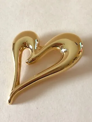 Monet Shiny Ribbon Open Gold Brooch Heart Asymmetrical  Safety Clasp 2.5  Vtg. • $4.99