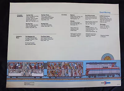 $10.50 • Buy Vintage 1979 Amtrak Railroad Dining Car Paper Placemat Breakfast Menu