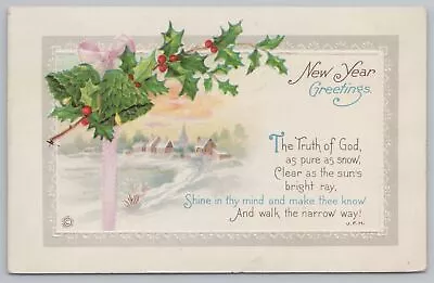 Holiday~New Year~Snowy Day~Holly Bells~The Truth Of God Poem~Emb~Stecher~Vtg PC • $1.35