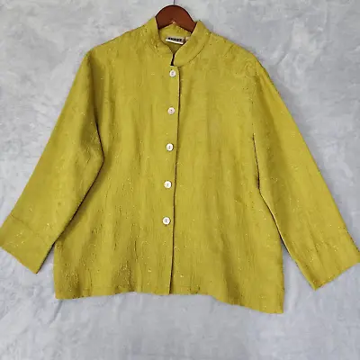 Chico's Silk Blend Jacket Women Size 1 Medium Button Front Green Mandarin Collar • $17.95