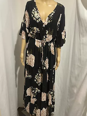 Ladies Size 10 ? Black Floral Bell Sleeve Tiered Boho  Maxi Dress • $24