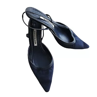 MANOLO BLAHNIK Carolyne Heel Navy Blue Leather Slingback Pointed Toe Italy 38.5 • $125