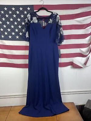 Aidan Mattox V-Neck Flutter Sleeve Beaded Crepe Gown In Navy Size 12 NWT $395 • $84.99