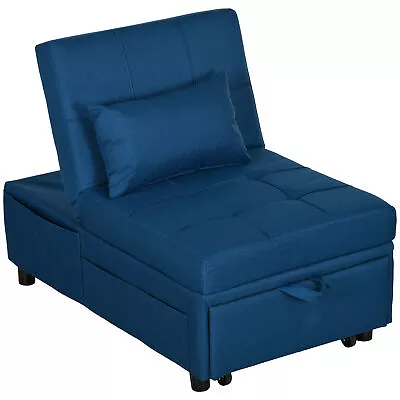 HOMCOM Folding Sofa Bed Adjustable Single Sleeper W/ Pillow Side Pocket Blue • £169.99