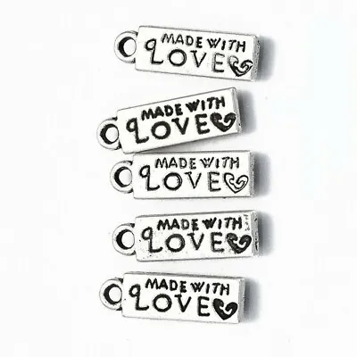 Tibetan Silver Charms MADE WITH LOVE With Heart Rectangle Tag 18mm X 5mm Q90 • £2.75