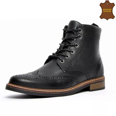 Mens Leather Boots Brogue Smart Formal Combat Lace New Army Ankle Boots Shoes • £32.95