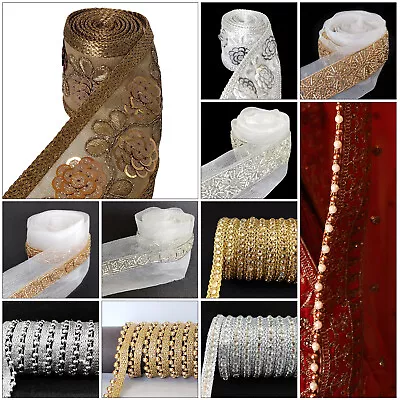 £4.99 • Buy 4M Indian Metallic Beaded Zari Dupatta Edging Lace Trim Sew On Silver Gold Color