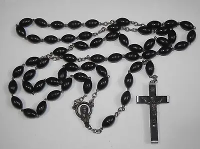 Vintage 31  Plastic Black Bead Habit Rosary S.H. Jesus Mary Medal Wood Crucifix • $45