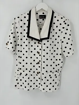M.H.M. Vintage Blouse Womens 12 Large White Black Polka Dot Collar Shoulder Pads • $25