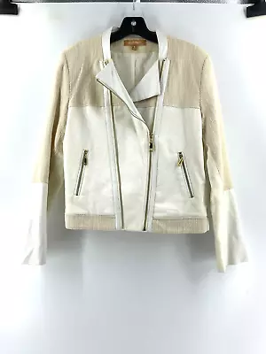 Ellen Tracy Off White Asymmetrical Zip Faux Leather Tweed Crop Jacket Size Med • $35