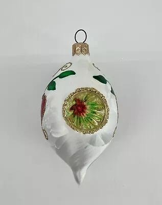 Glass Pearl White Indented Teardrop Christmas Ornament Side Heart Designs 4” • $10.99