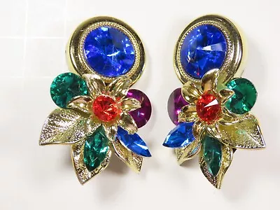 Lovely Vintage Christmas Earrings Clip Gold Tone Rhinestone Plastic C5454 • $9.74