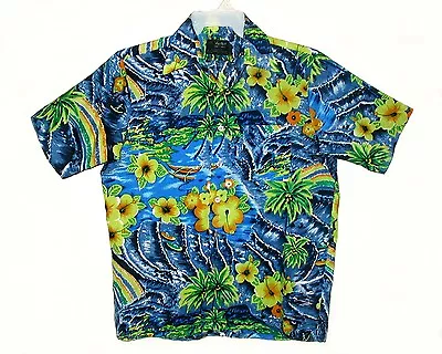 Men's 60s-70s Vintage VAN CORT Hawaiian Aloha Shirt TROPICAL HIBISCUS Poly Sz M • $66.22