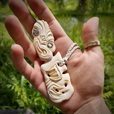 Maori Pendant Tiki Large Royal Hand Carved Bone Abalone Eyes New Zealand • $130
