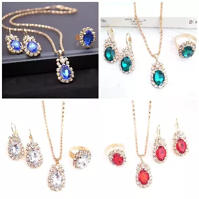 Womens Crystal Jewellery Set Gold Necklace Earrings Pendant And Ring Set UK • £5.59