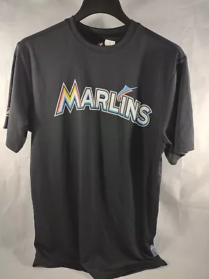 Miami Marlins Men's T-Shirt Medium M Black Logo Majestic Cool Base Evolution Tee • $9.95