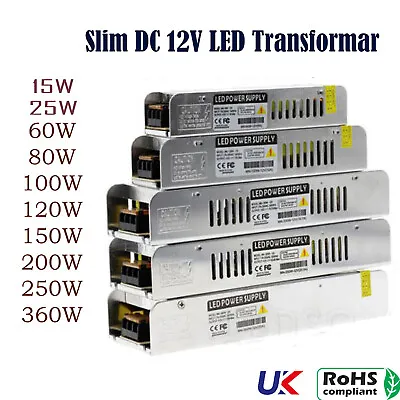 DC 12V LED Driver Power Supply Ultra Slim Transformer For LED Strip 60W-360W UK • £20.42