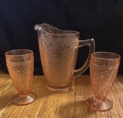 Vintage Tiara Peach Pink Glass Pitcher 64oz Floral Pressed Glass Drink Pitcher  • $59.99