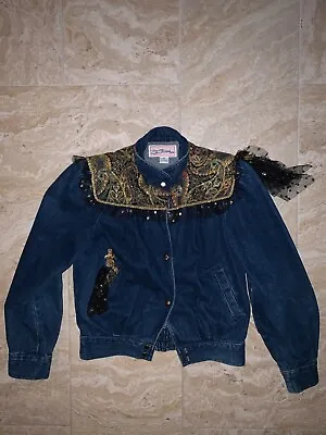 Vintage 1980s Giorgio Morandi Bejewelled Jean Jacket Puffed Shoulders Epaulettes • $39.99