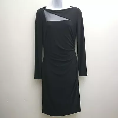 Ralph Lauren Sheath Dress 4 Solid Black Cutout Mesh Long Sleeves Shirred Side • $23.79