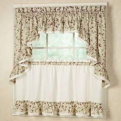 Cherries Natural Ruffled Cotton Washable Fruit Window Curtains Made In USA • $9.99