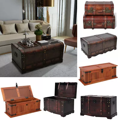 Retro Wooden Treasure Chest Vintage Storage Box Trunk Coffee Table Lockable UK • £69.64