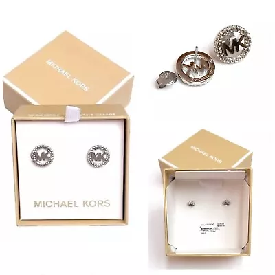 NWT MICHAEL KORS Silver Plated Brass Crystals MK Logo Halo Stud Earrings • $55