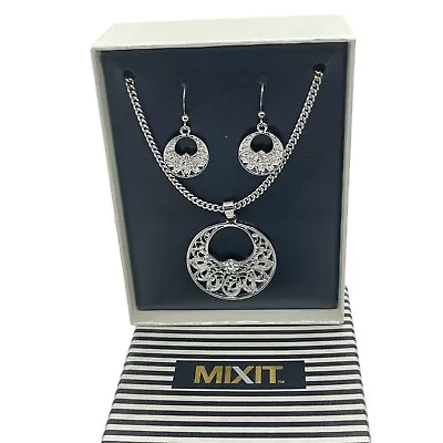 MIXIT Jewelry Set Necklace Earrings New In Box Silver Tone Floral Filagree Gift • $14.97