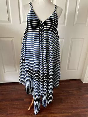 Mlle Gabrielle Womens Dress Size XL  Asymetrical Hem Striped Lined V Neck Blue • $9.95