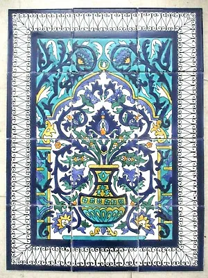 Ceramic Tile Art Mosaic Mural Panel Floral Vase Blue Green BACKSPLASH 18  X 24  • $95