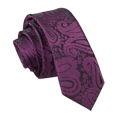 Purple Skinny Tie Woven Floral Paisley Mens Formal Wedding Necktie By DQT • £7.99