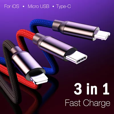 3in1 Multi Charger Fast Charging Cable Braided Cord For IPhone Micro USB Type C • $8.48