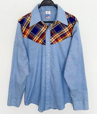 Vintage 70s 80s Sears Put-On Shop Western Shirt Pearl Snaps Big Collar Blue L • $26.99