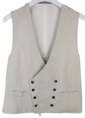 SUITSUPPLY Ferrara DB Waistcoat Men's UK 40 Linen Cotton Beige Lined • £19.50