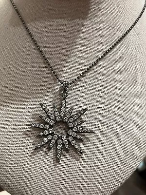 Cookie Lee Gunmetal Rhinestone Crystal Starburst Pendant Necklace 18  Long • $10