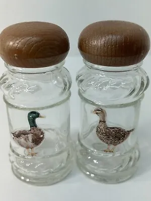 Vintage Glass Mallard Duck Salt & Pepper Shakers Clear Glass Wood Look Lids • $13