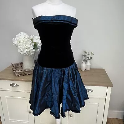 Vintage Blue Taffeta Dress Strapless Black Velvet 80s Party Bow 6-8 • £22