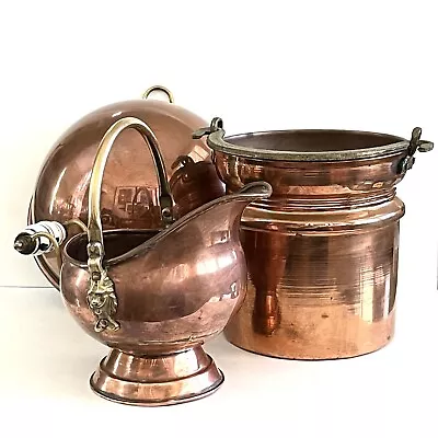 Vintage Copper Collection SET OF 3: Bucket Scuttle And Bowl-Patina Galore! • $130